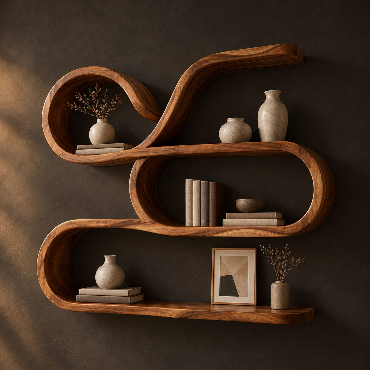 Looping ribbon wall shelf with three flowing levels in a dark studio against a charcoal plaster wall