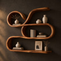 Looping ribbon wall shelf with three flowing levels in a dark studio against a charcoal plaster wall