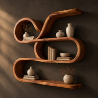 Looping ribbon wall shelf with three flowing levels, three-quarter view showing the grain
