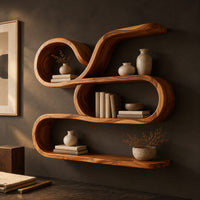 Corner detail of looping ribbon wall shelf with three flowing levels beside wood, brass and linen samples