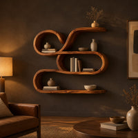 Looping ribbon wall shelf with three flowing levels in a dark living room at golden hour