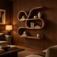 Looping ribbon wall shelf with three flowing levels in an evening living room with walnut wall paneling