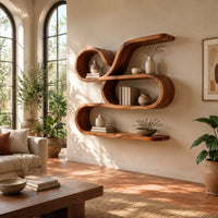 Looping ribbon wall shelf with three flowing levels in a bright living room with arched windows and plants