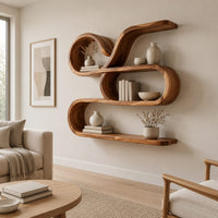 Looping ribbon wall shelf with three flowing levels in a Scandinavian living room with white walls