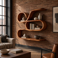 Looping ribbon wall shelf with three flowing levels in an industrial loft living room with exposed brick