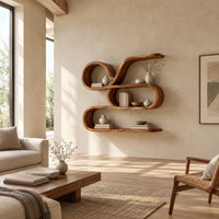 Looping ribbon wall shelf with three flowing levels in a bright open plan living room