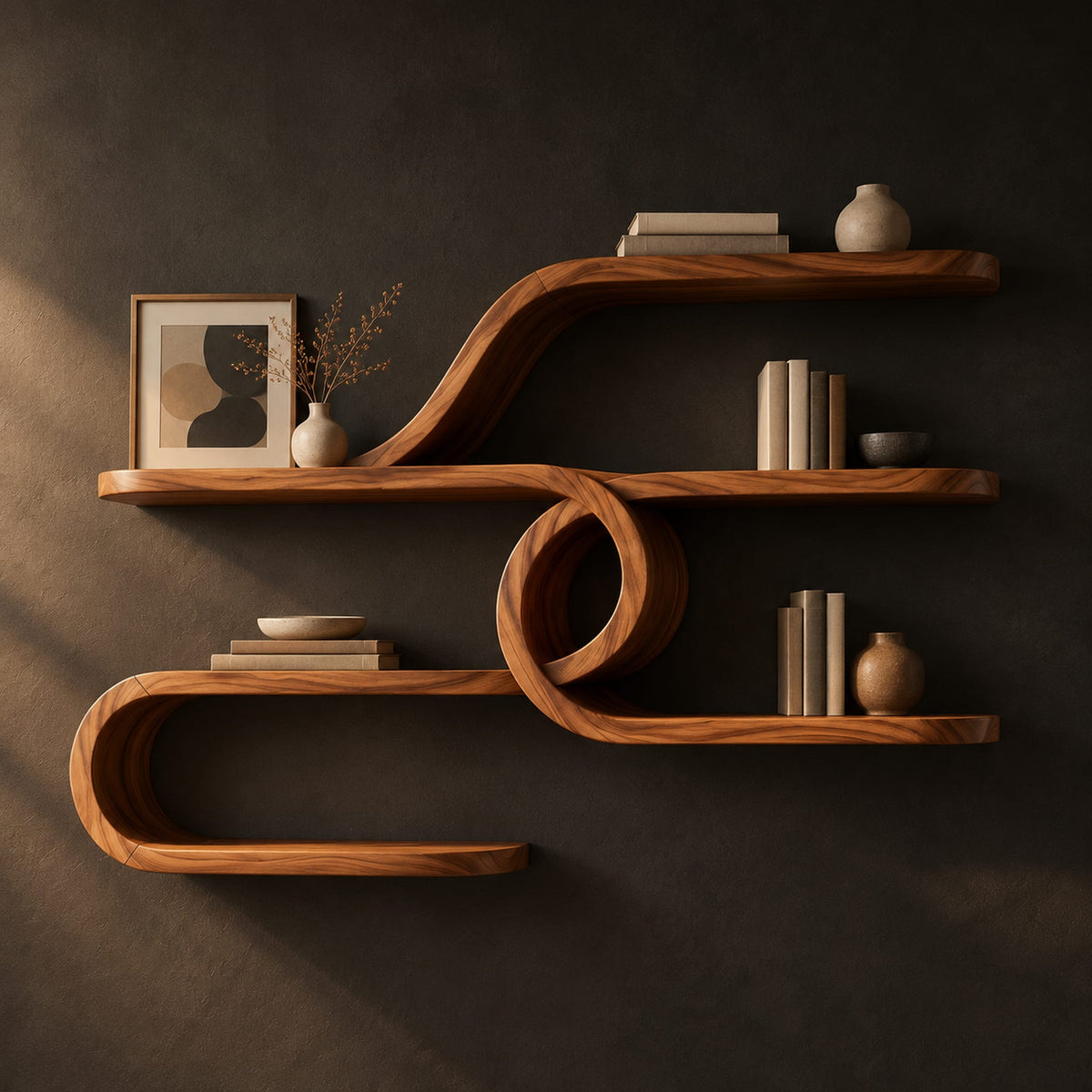 Looping ribbon wall shelves joined by a central spiral coil in a dark studio against a charcoal plaster wall