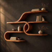 Looping ribbon wall shelves joined by a central spiral coil, three-quarter view showing the grain