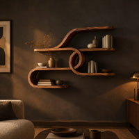 Looping ribbon wall shelves joined by a central spiral coil in a dark living room at golden hour