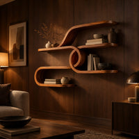 Looping ribbon wall shelves joined by a central spiral coil in an evening living room with walnut wall paneling
