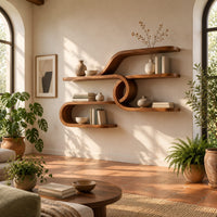 Looping ribbon wall shelves joined by a central spiral coil in a bright living room with arched windows and plants