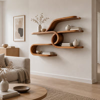 Looping ribbon wall shelves joined by a central spiral coil in a Scandinavian living room with white walls