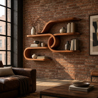 Looping ribbon wall shelves joined by a central spiral coil in an industrial loft living room with exposed brick