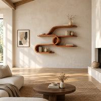 Looping ribbon wall shelves joined by a central spiral coil in a bright open plan living room