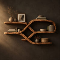 Looping ribbon wall shelves with crossing wooden arms for books and bowls in a dark studio against a charcoal plaster wall