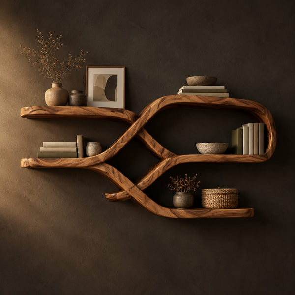 Looping Ribbon Wall Shelves With Crossing Wooden Arms