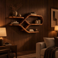 Looping ribbon wall shelves with crossing wooden arms for books and bowls in an evening living room with walnut wall paneling