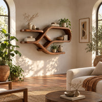 Looping ribbon wall shelves with crossing wooden arms for books and bowls in a bright living room with arched windows and plants