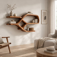 Looping ribbon wall shelves with crossing wooden arms for books and bowls in a Scandinavian living room with white walls