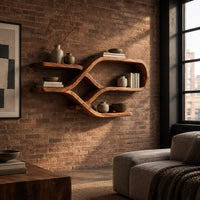 Looping ribbon wall shelves with crossing wooden arms for books and bowls in an industrial loft living room with exposed brick
