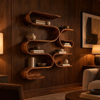 Looping ribbon wall shelves with interlocking pockets in an evening living room with walnut wall paneling