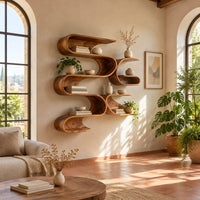 Looping ribbon wall shelves with interlocking pockets in a bright living room with arched windows and plants