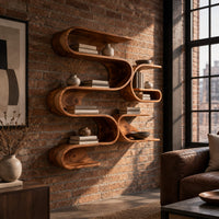 Looping ribbon wall shelves with interlocking pockets in an industrial loft living room with exposed brick