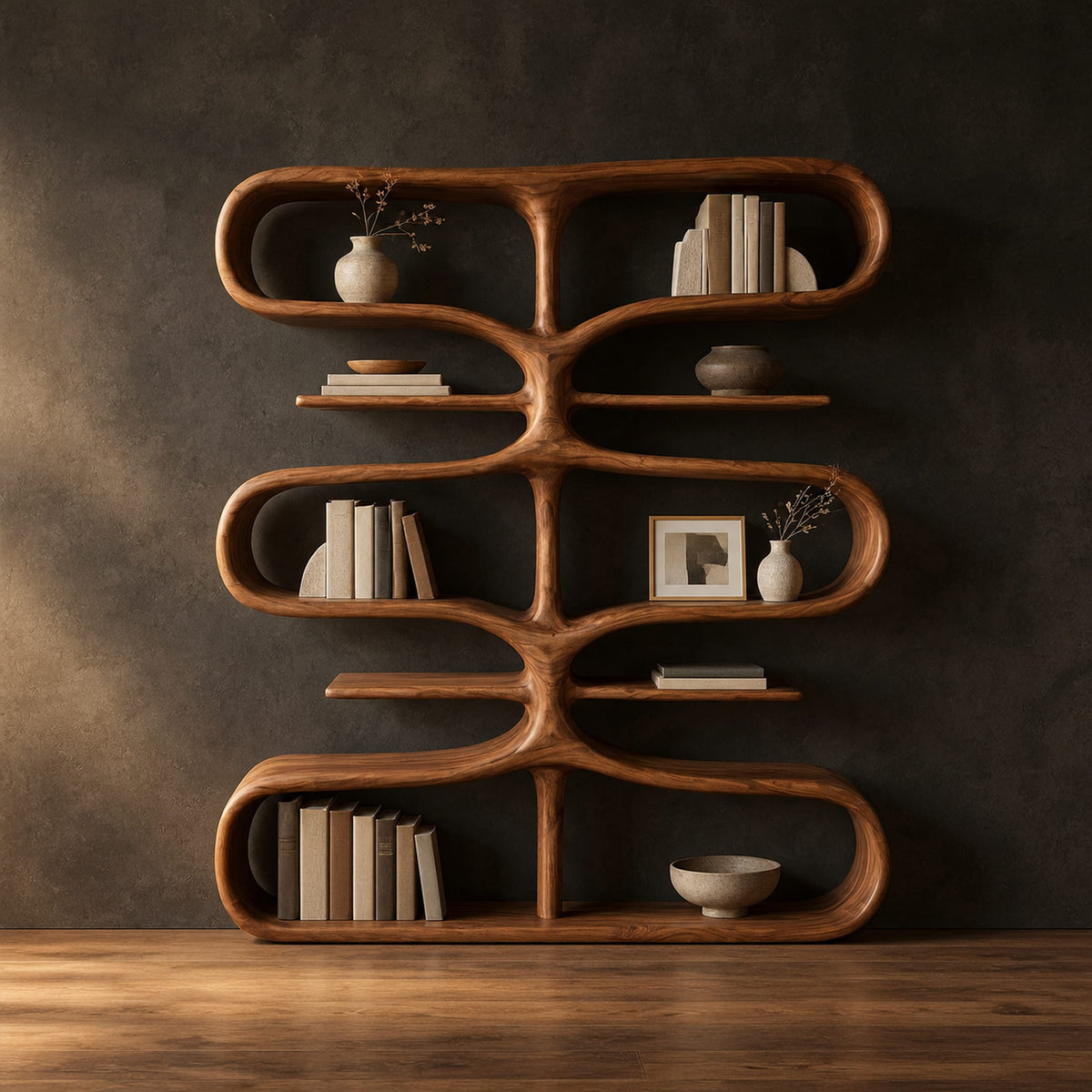 Bookshelf of looping tiers joined by a central trunk and thin shelves in a dark studio against a charcoal plaster wall