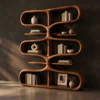 Bookshelf of looping tiers joined by a central trunk and thin shelves, three-quarter view showing the grain