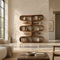 Bookshelf of looping tiers joined by a central trunk and thin shelves in a bright open plan living room