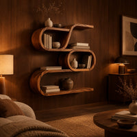 Looping wooden wall shelves with a middle oval cell and curled ends in an evening living room with walnut wall paneling