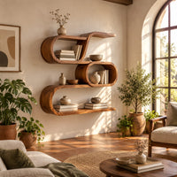 Looping wooden wall shelves with a middle oval cell and curled ends in a bright living room with arched windows and plants