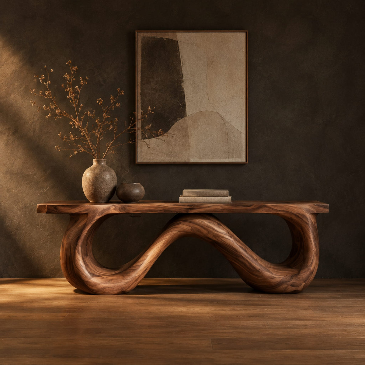 Bench with a flat slab seat on a looping wave shaped base in a dark studio against a charcoal plaster wall