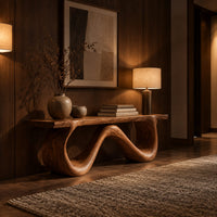 Bench with a flat slab seat on a looping wave shaped base in an evening entryway with walnut wall paneling