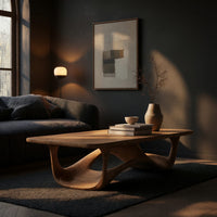 Looping wave base coffee table with pale top in a living room at golden hour