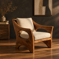 Lounge chair with oval side cutouts and an arched wooden base, three-quarter view showing the grain