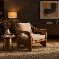 Lounge chair with oval side cutouts and an arched wooden base in a dark living room at golden hour