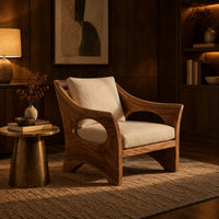 Lounge chair with oval side cutouts and an arched wooden base in an evening living room with walnut wall paneling