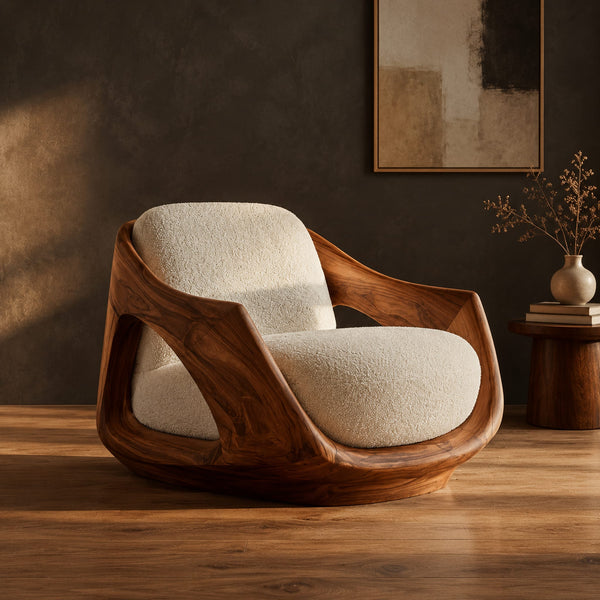 Lounge Chair With Sculpted Open Shell And Cream Cushions