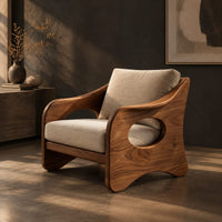 Lounge chair with oval side cutouts and tan cushions, three-quarter view showing the grain
