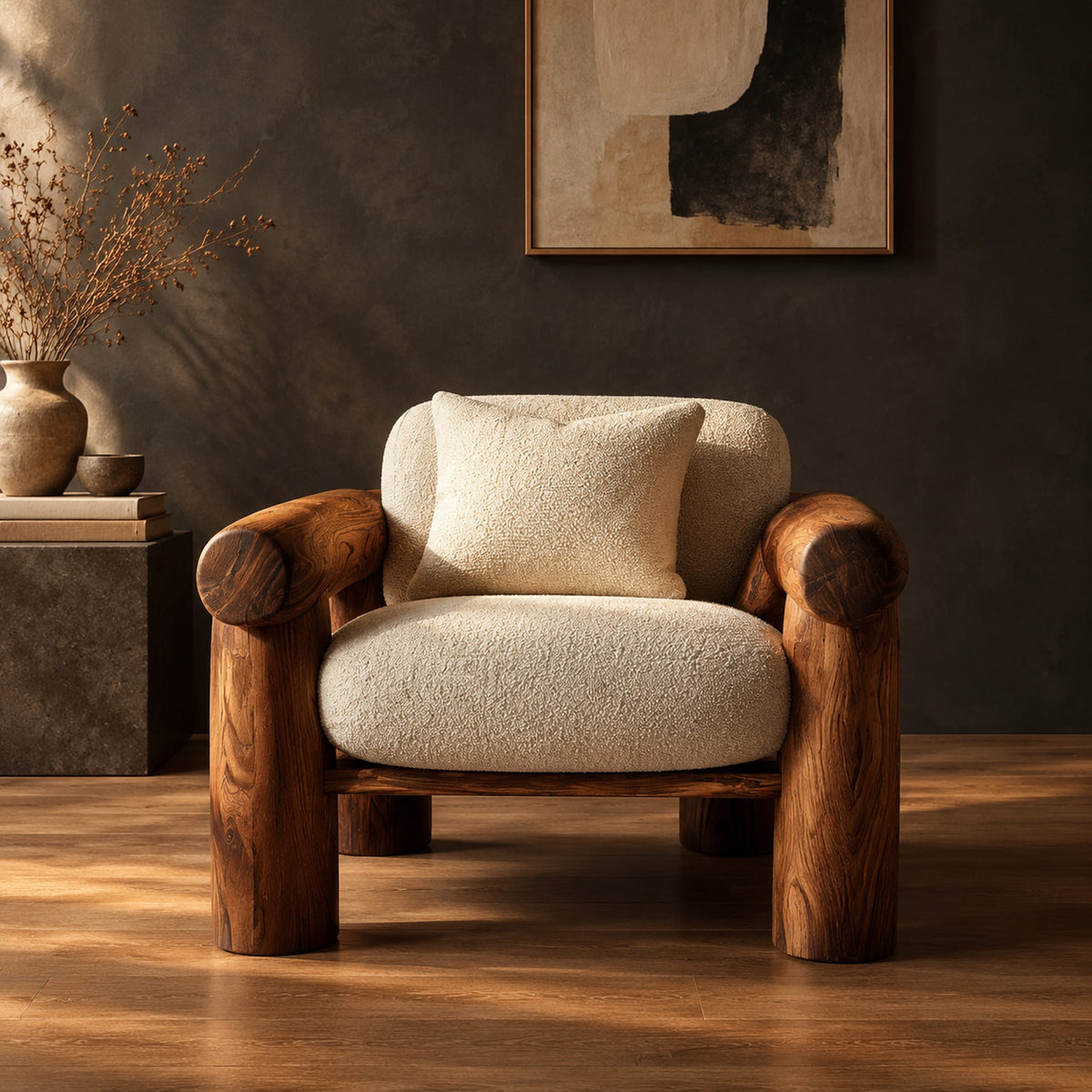 Lounge chair with thick log style arms, post legs and cream cushions in a dark studio against a charcoal plaster wall