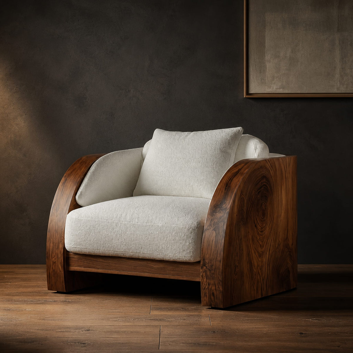 Lounge chair with wide solid wood arm panels and a cushioned seat in a dark studio against a charcoal plaster wall