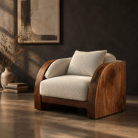 Lounge chair with wide solid wood arm panels and a cushioned seat, three-quarter view showing the grain