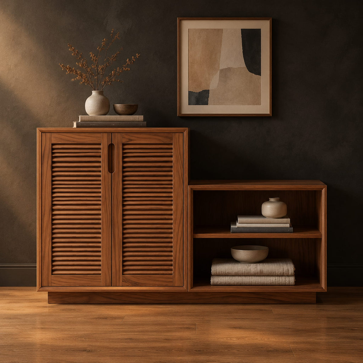 Stepped low cabinet with two louvered doors and an open shelf section in a dark studio against a charcoal plaster wall