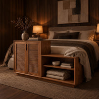 Stepped low cabinet with two louvered doors and an open shelf section in an evening bedroom with walnut wall paneling