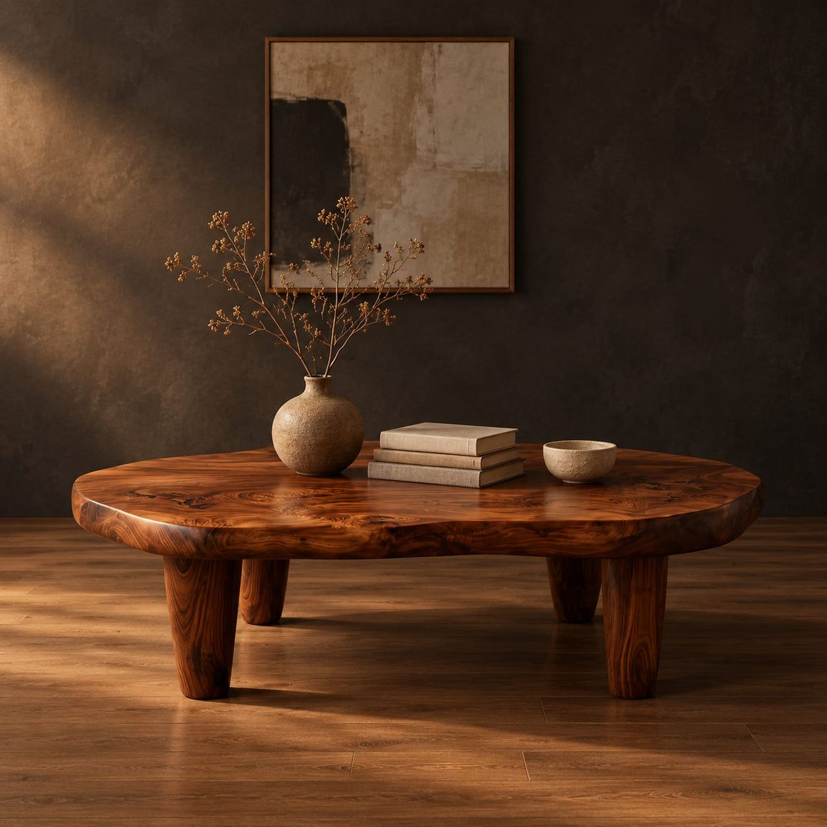 Low bean shaped coffee table with a rich grained top and four tapered legs in a dark studio against a charcoal plaster wall