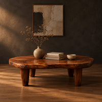 Low bean shaped coffee table with a rich grained top and four tapered legs in a dark studio against a charcoal plaster wall