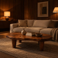 Low bean shaped coffee table with a rich grained top and four tapered legs in an evening living room with walnut wall paneling