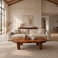 Low bean shaped coffee table with a rich grained top and four tapered legs in a bright open plan living room