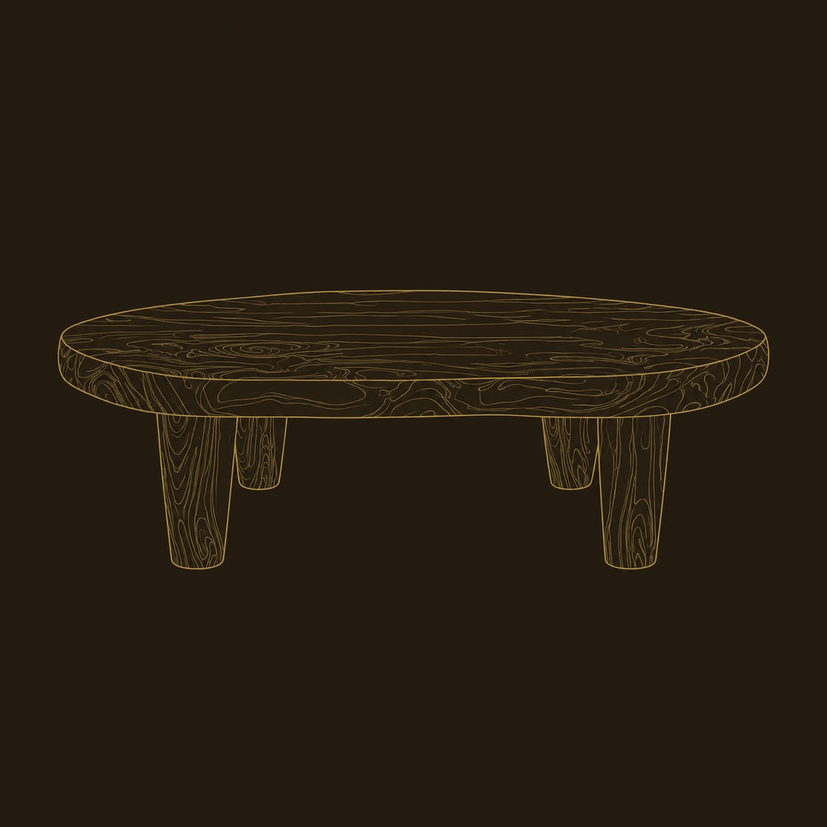 Low Bean Shaped Coffee Table With Four Tapered Legs dimension diagram